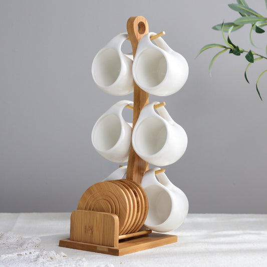 Sechsteiliges einfaches Keramiktassen-Set 200ml Teetasse Kaffeetasse Dreidimensionaler Bambus und Holzbügel Gestreifter rutschfester Untersetzer